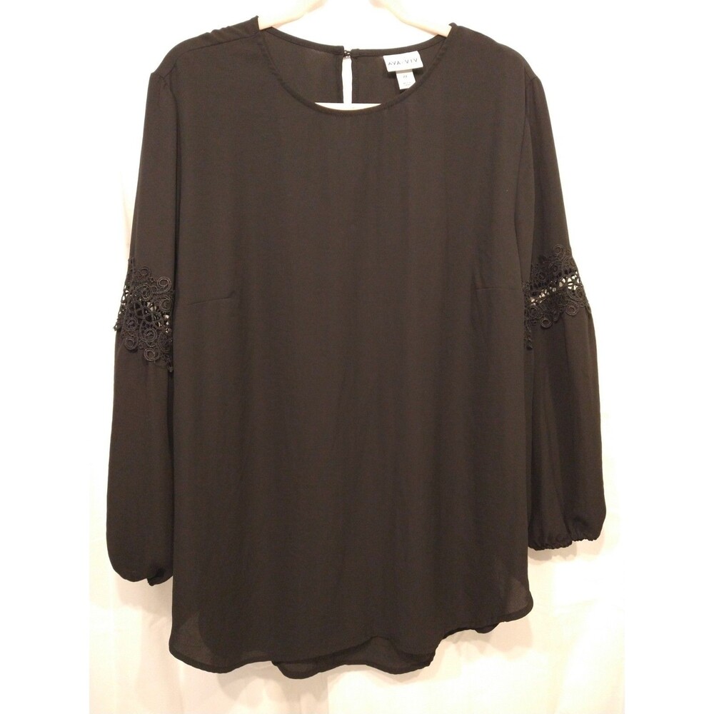 Ava & Viv 2X Black Long Sleeve Dress Shirt Blouse Top Lace Insets